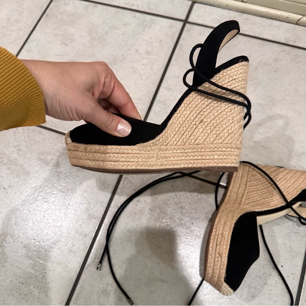 Jessica Simpson Black Espadrille Wedge Sandals with Wrap Ankle Ties - Picture 9 of 10